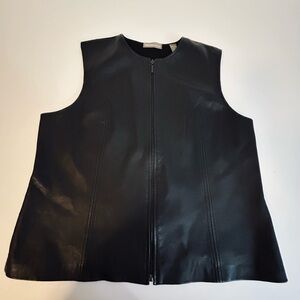 Black Genuine Leather Front vest with Zip - wool back
